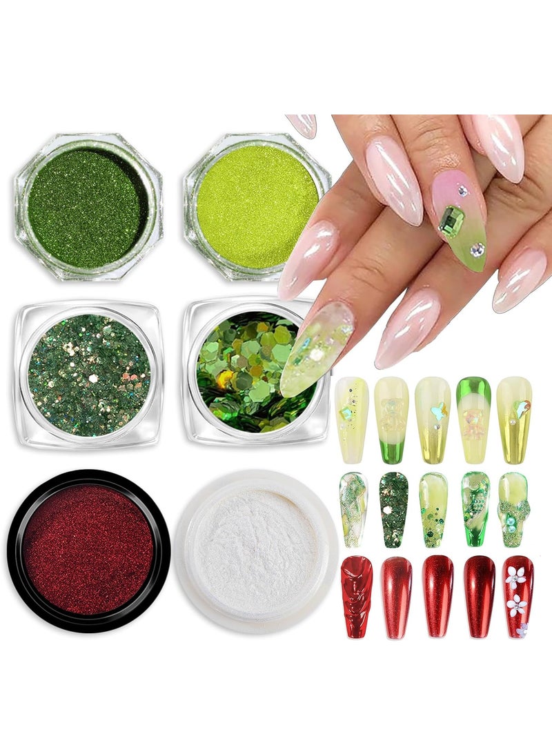 BASEMMAHER 6Pcs Mermaid Red Chrome Nail Powder White Pearl Apple Green Mirror Effect Aurora Magic Pearlescent Nail Art Powder Pigment Dust Holographic Glitter Sequins Set for Manicure Decorations 