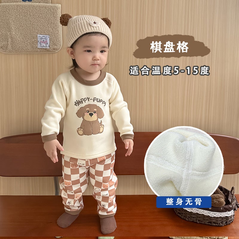 Class A baby infant boneless underwear suit autumn and winter de Velvet thickened autumn clothes long pants childrens homewear Small Rose - Image 3