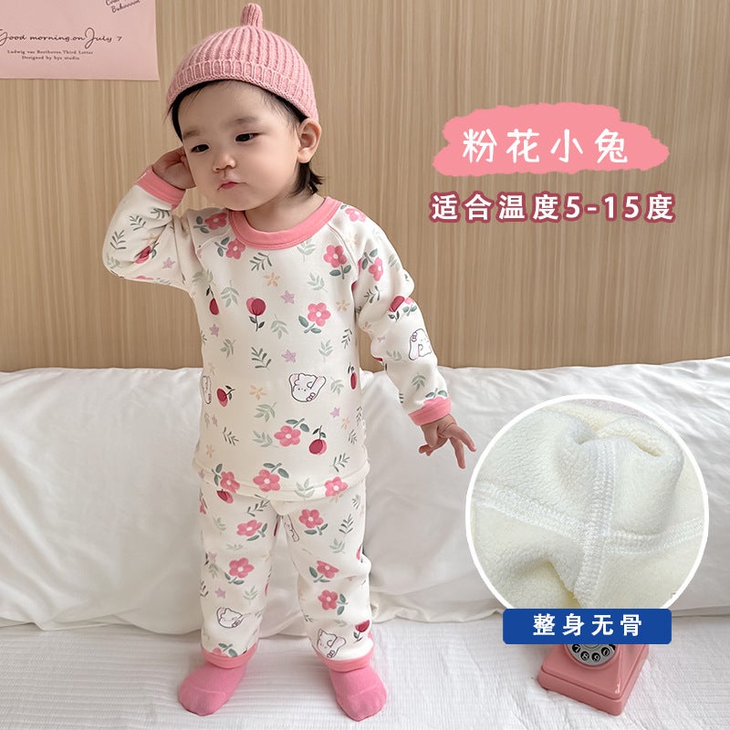 Class A baby infant boneless underwear suit autumn and winter de Velvet thickened autumn clothes long pants childrens homewear Small Rose - Image 4