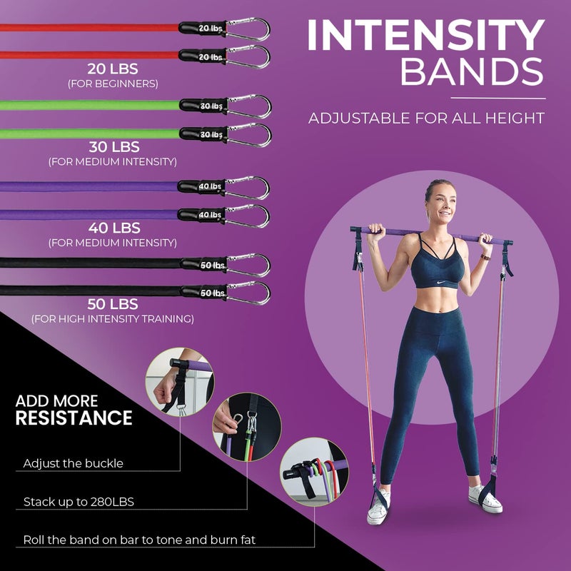 Alignrgy Portable Pilates Bar Kit with Resistance Bands (20, 30, 40, 50 LBS) â€“ Adjustable Home Workout Equipment with 8 Week Training Program â€“ Full Body Fitness Bar for Pilates, Strength Training - Image 2