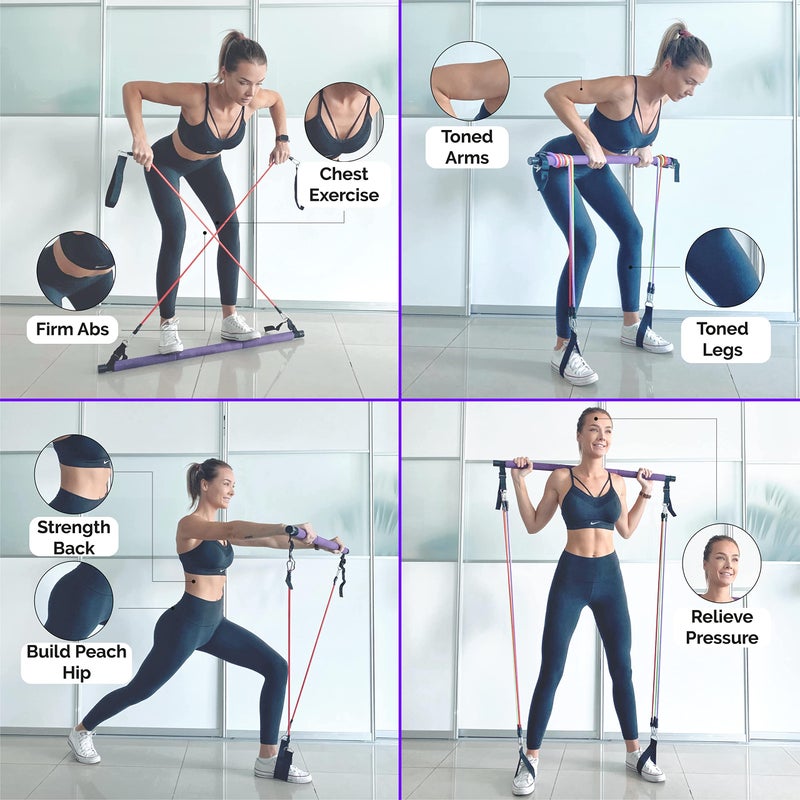 Alignrgy Portable Pilates Bar Kit with Resistance Bands (20, 30, 40, 50 LBS) â€“ Adjustable Home Workout Equipment with 8 Week Training Program â€“ Full Body Fitness Bar for Pilates, Strength Training - Image 4