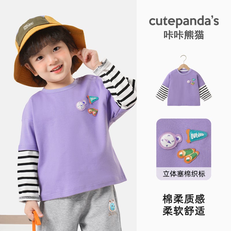 Kaka Panda Baby Two-In-One Long-Sleeve T-Shirt for Children,Spring Outfit,Boys and Girls Base Shirt,Baby Top