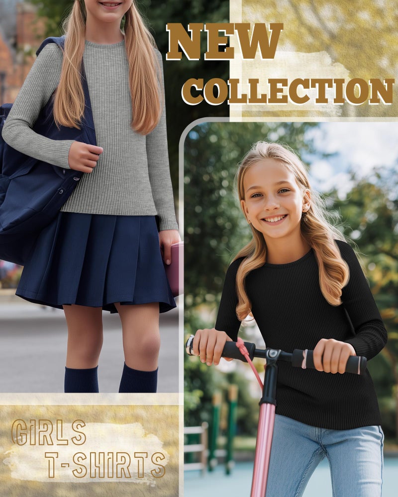 LessonZoo 3 Pack Girls Long Sleeve Shirts Ribbed Knit Cotton Layering Tops Slim Fit Crewneck Casual Undershirts (Black, White, Gray,5-6 Years) - Image 3