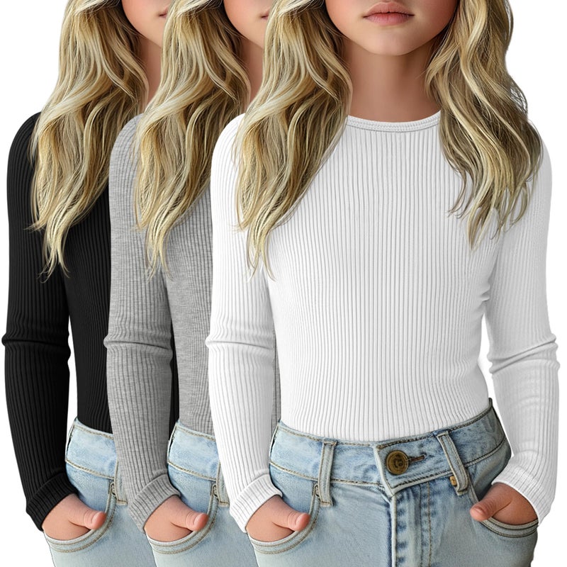 LessonZoo 3 Pack Girls Long Sleeve Shirts Ribbed Knit Cotton Layering Tops Slim Fit Crewneck Casual Undershirts (Black, White, Gray,5-6 Years) - Image 1