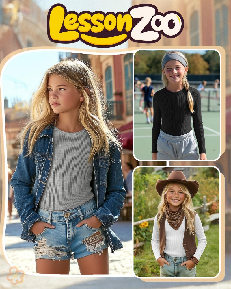 LessonZoo 3 Pack Girls Long Sleeve Shirts Ribbed Knit Cotton Layering Tops Slim Fit Crewneck Casual Undershirts (Black, White, Gray,5-6 Years) - Image 2