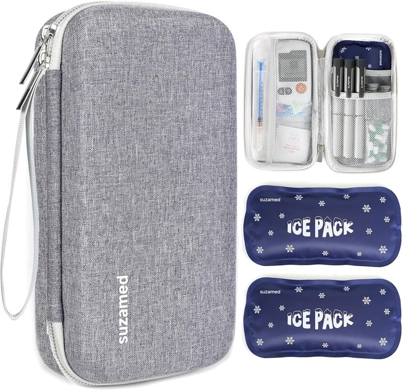suzamed Insulin Cooler Travel CaseEVA Insulation Travel Medicine Kit with 2 Ice Packs for Diabetes CareInsulin Pen and Other Diabetic Supplies Grey
