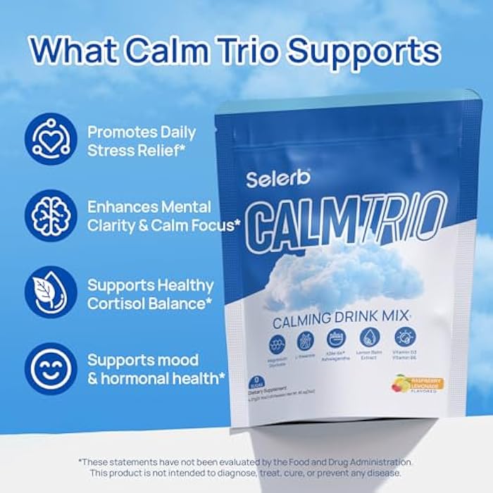 Selerb CalmTrio Magnesium Glycinate Powder Cortisol Drink Mix - No Sugar with L-Theanine, Ksm-66® Ashwagandha, Lemon Balm, Vitamin D3, B6, Supplements for Relax, Focus & Calm, Raspberry Lemon 20 Ct - Image 2