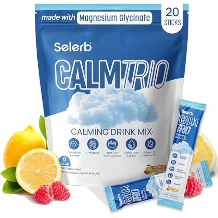 Selerb CalmTrio Magnesium Glycinate Powder Cortisol Drink Mix - No Sugar with L-Theanine, Ksm-66® Ashwagandha, Lemon Balm, Vitamin D3, B6, Supplements for Relax, Focus & Calm, Raspberry Lemon 20 Ct - Image 1