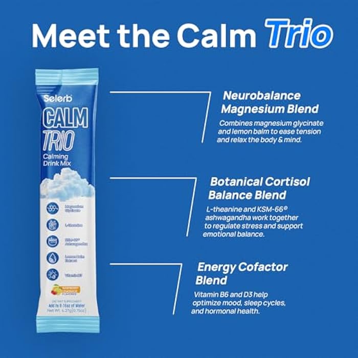 Selerb CalmTrio Magnesium Glycinate Powder Cortisol Drink Mix - No Sugar with L-Theanine, Ksm-66® Ashwagandha, Lemon Balm, Vitamin D3, B6, Supplements for Relax, Focus & Calm, Raspberry Lemon 20 Ct - Image 3
