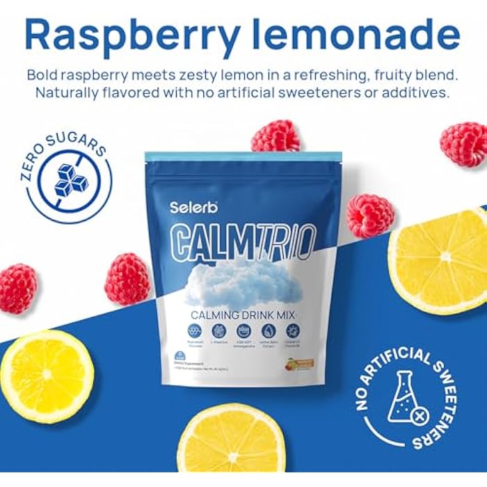 Selerb CalmTrio Magnesium Glycinate Powder Cortisol Drink Mix - No Sugar with L-Theanine, Ksm-66® Ashwagandha, Lemon Balm, Vitamin D3, B6, Supplements for Relax, Focus & Calm, Raspberry Lemon 20 Ct - Image 4