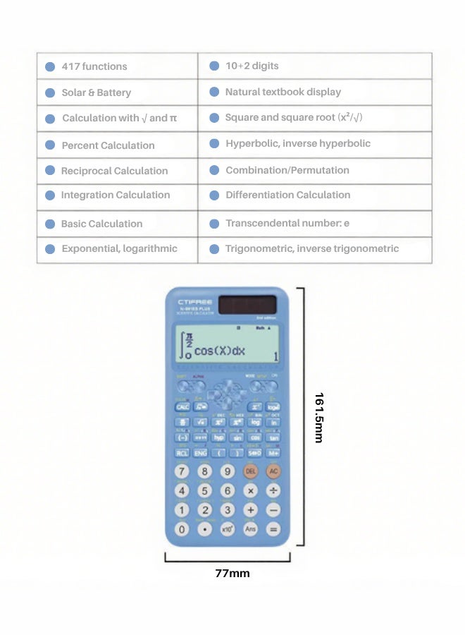 CTIFREE CTIFREE Blue Scientific Calculator (Fx991 Es Plus 2nd Gen) - 417 Functions Solar/Battery Dual Power For Students, School & College Natural Display Blue - Image 2