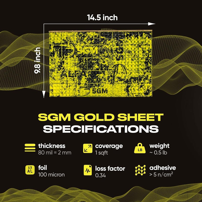 اس جي ام Gold 80mil 10 sqft حصيرة عازلة للصوت للسيارة - مادة عازلة للصوت للسيارة - لوح عزل الضوضاء الصوتية - مادة عازلة للصوت للسيارة من البوتيل ذاتية اللصق - ألواح عازلة للصوت - Image 2