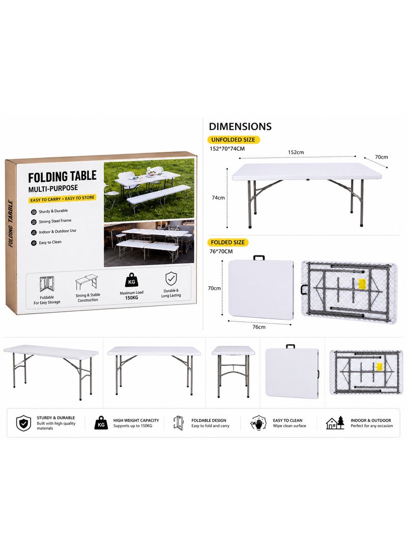Portable Folding Table 152 x 70 x 74 cm - Heavy-Duty, White - Image 3