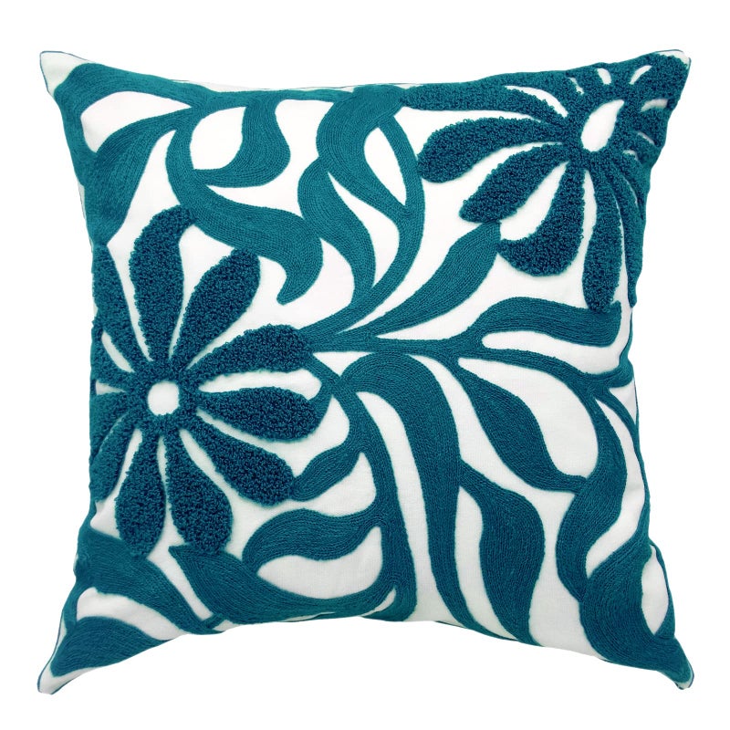 Alysheer Farmhouse Floral Leaves Embroidered Decorative Throw Pillow Cover 18x18 inches, Boho Tufted Flowers Embroidery Pattern Chic Cotton Cushion Case for Couch Bed Sofa Living Room(Teal Blue) - Image 1