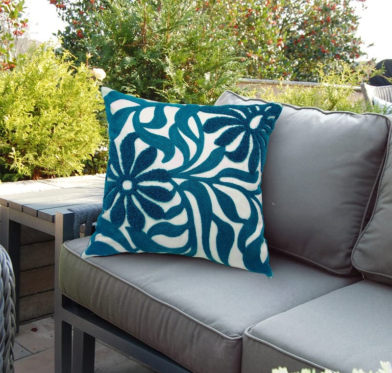 Alysheer Farmhouse Floral Leaves Embroidered Decorative Throw Pillow Cover 18x18 inches, Boho Tufted Flowers Embroidery Pattern Chic Cotton Cushion Case for Couch Bed Sofa Living Room(Teal Blue) - Image 2