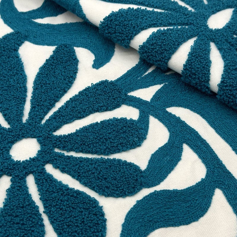 Alysheer Farmhouse Floral Leaves Embroidered Decorative Throw Pillow Cover 18x18 inches, Boho Tufted Flowers Embroidery Pattern Chic Cotton Cushion Case for Couch Bed Sofa Living Room(Teal Blue) - Image 3