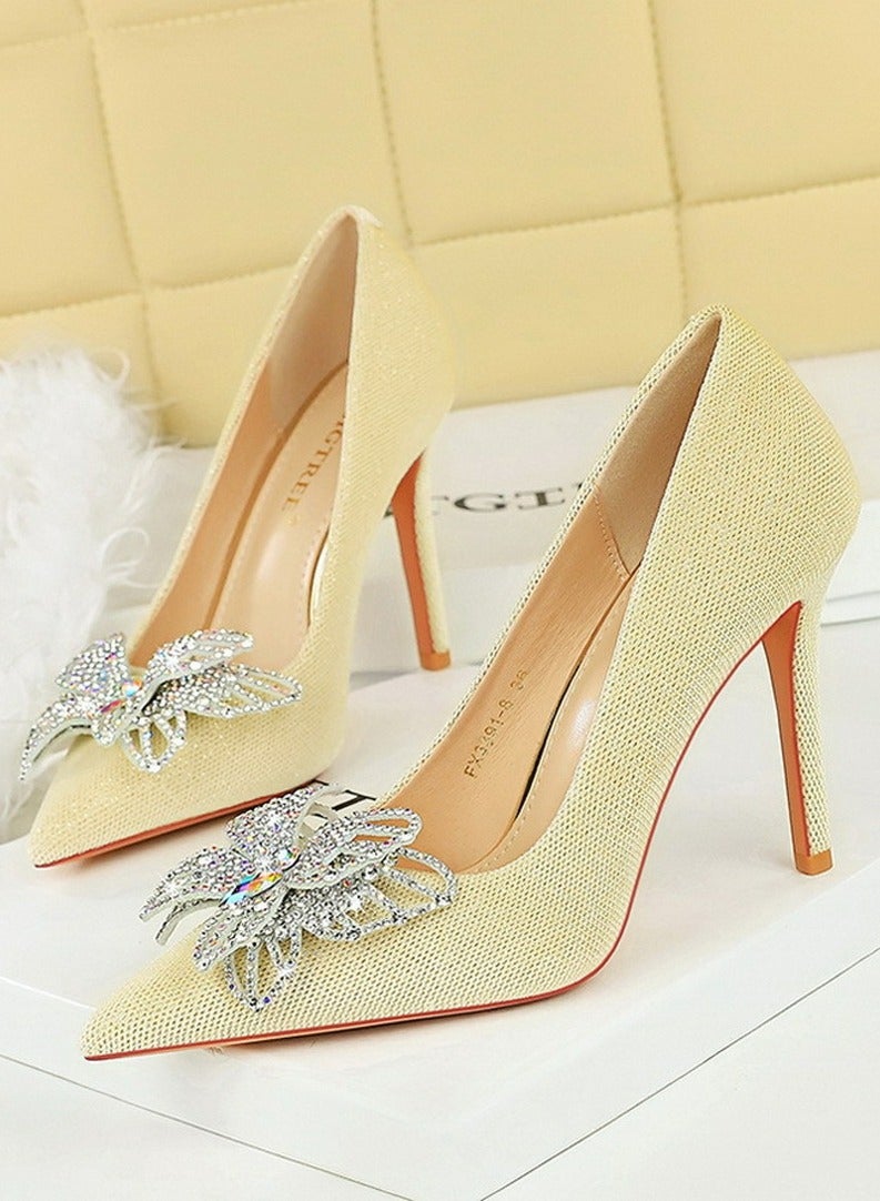 BIGTREE Women's Suede Closed Pointed Toe Stiletto Pump Rhinestone Bowknot Decoration High Heels Light Beige 10CM - Image 1