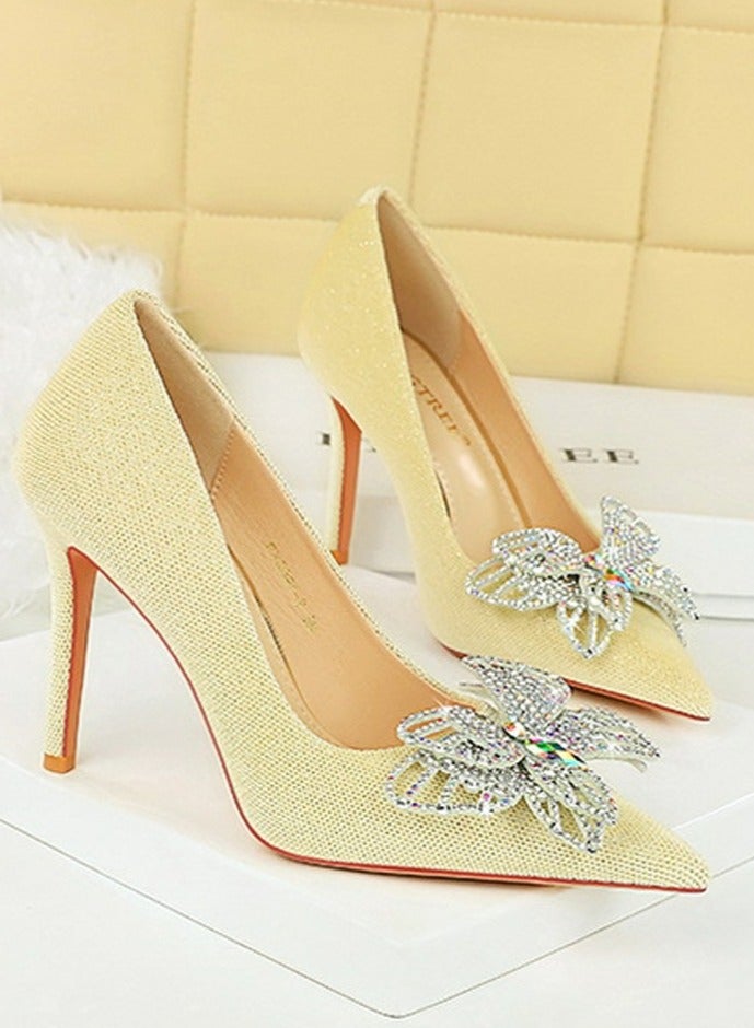 BIGTREE Women's Suede Closed Pointed Toe Stiletto Pump Rhinestone Bowknot Decoration High Heels Light Beige 10CM - Image 2