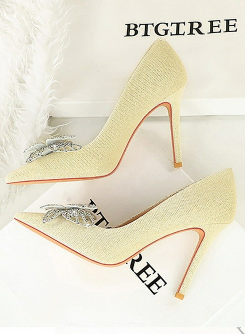 BIGTREE Women's Suede Closed Pointed Toe Stiletto Pump Rhinestone Bowknot Decoration High Heels Light Beige 10CM - Image 3