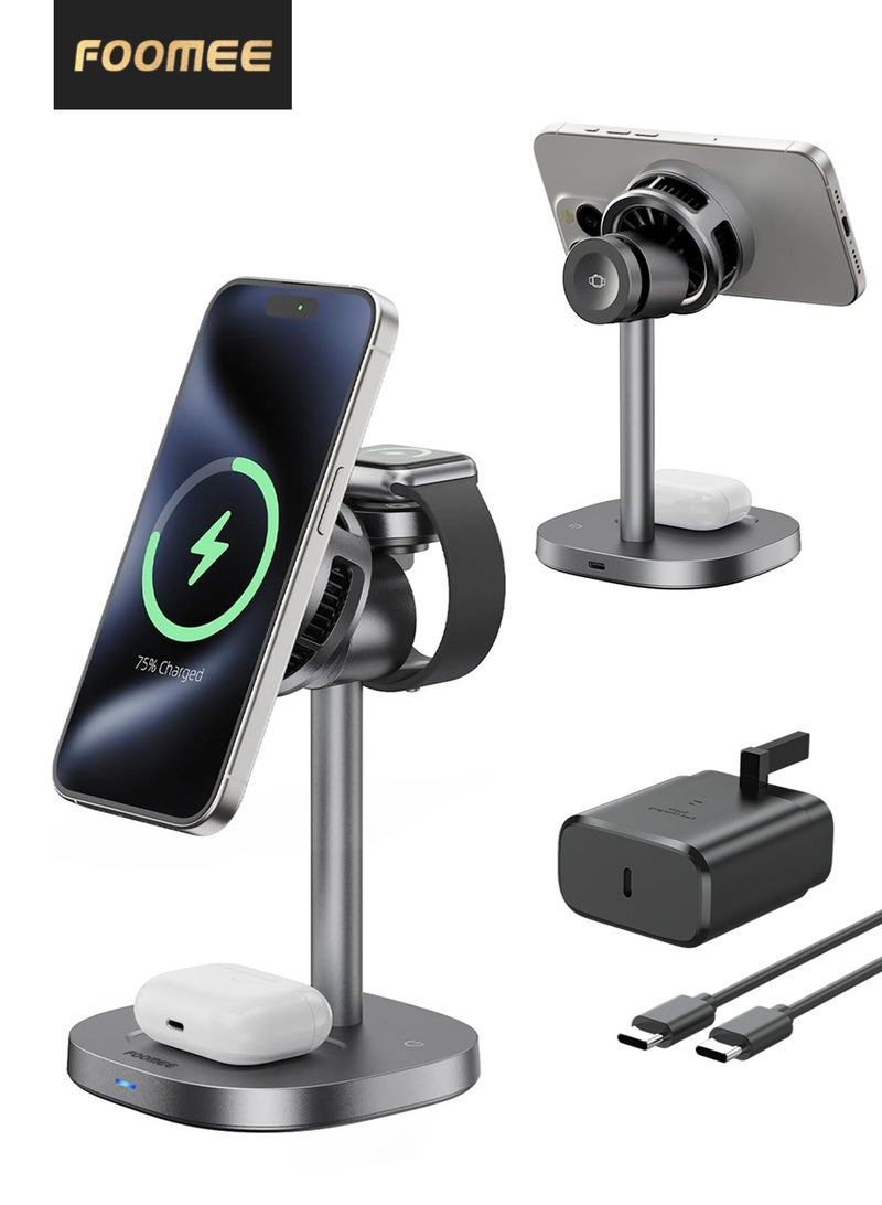 فو ميالتكنولوجيا المحدودة محطة شحن لاسلكي 3 في 1 لآيفون - شاحن مغناطيسي سريع بتقنية Qi2 بقوة 15 واط - متوافق مع آيفون 17 برو ماكس/16/15/14/13، ساعة أبل، إيربودز - مع شاحن USB-C وكابل - Image 1