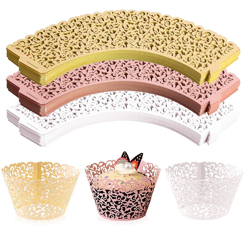 WUWEOT 150 Pack Cupcake Wrappers, Little Vine Lace Laser Cut Liner, Paper Baking Cups for Wedding Party Birthday Baby Showers Decoration (Gold, White, Pink) - Image 1