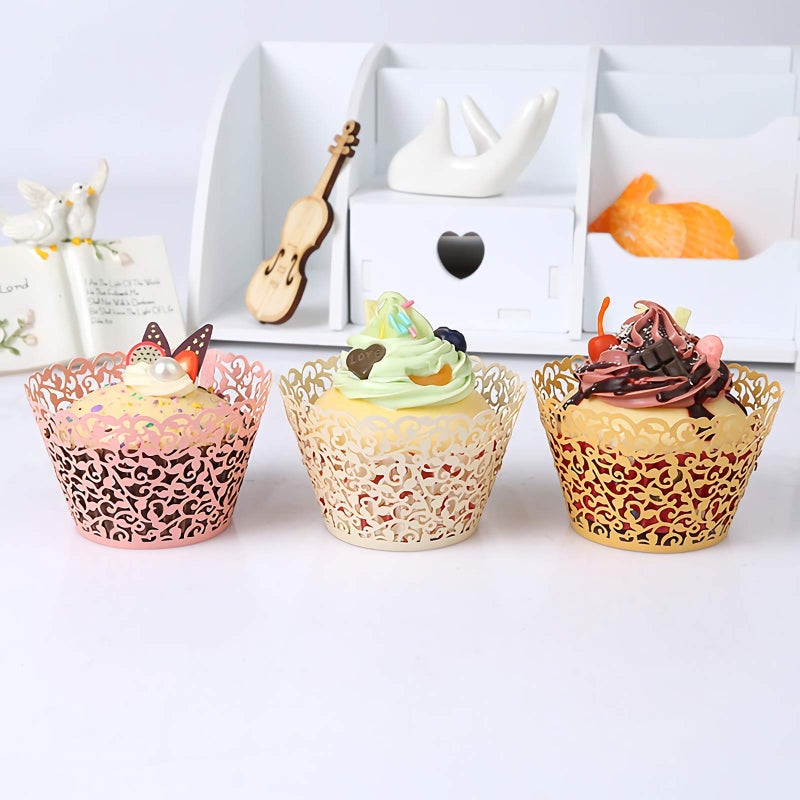 WUWEOT 150 Pack Cupcake Wrappers, Little Vine Lace Laser Cut Liner, Paper Baking Cups for Wedding Party Birthday Baby Showers Decoration (Gold, White, Pink) - Image 2