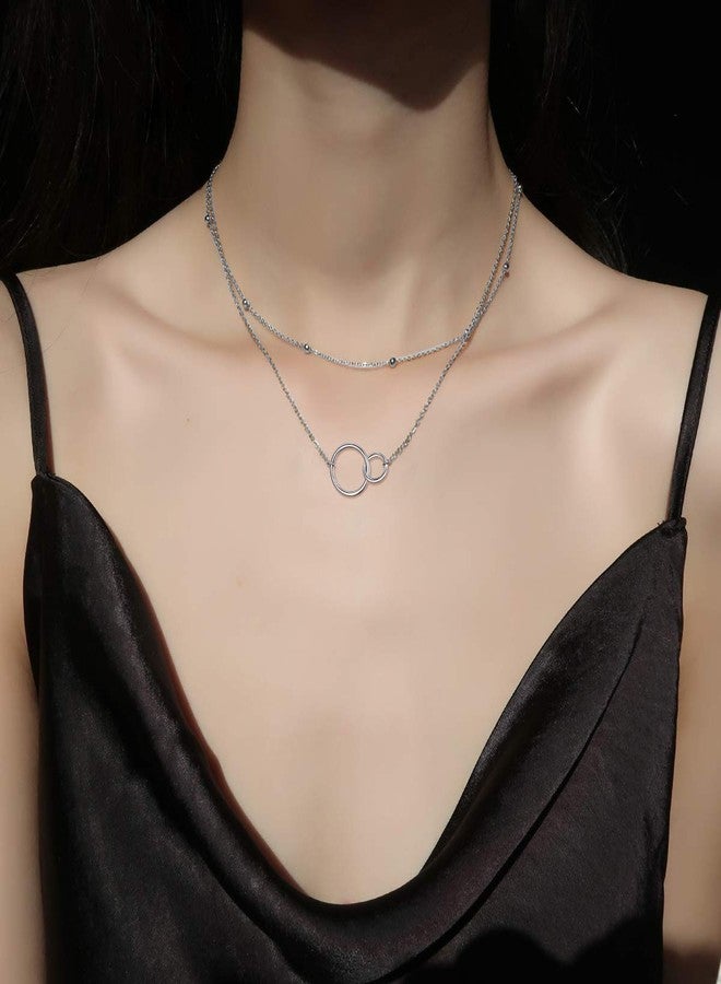 Ladytree S925 Sterling Silver Fashion Bead Two Interlocking Infinity Circles Double Layer Chain Choker Necklace, Rolo Chain,13 inches to 16 inches - Image 2