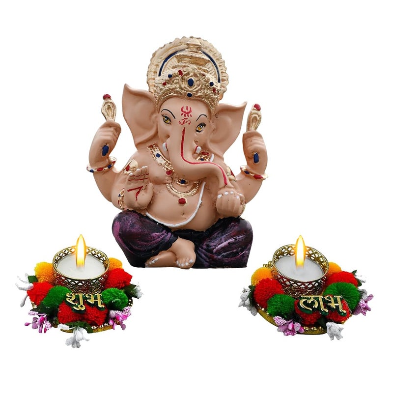 Saugat Traders Diwali Gift for Friends & Family - Ganesh Statue with Tealight Candle Holder with Shubh Labh for Diwali Decoration, Office Shop - Religious Gift - Image 1