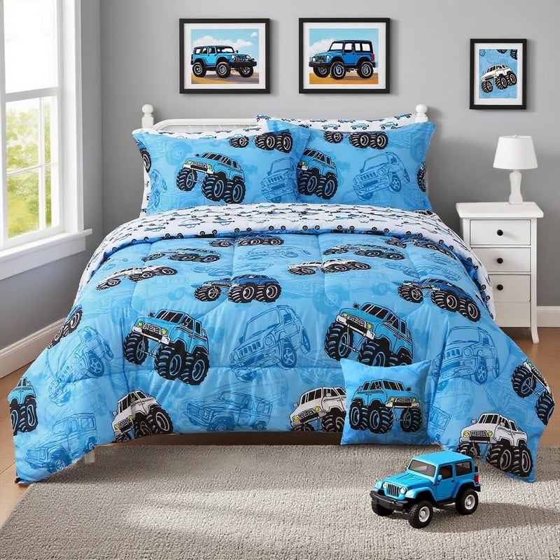 Mooreeke Kids Twin Comforter Sets for Boys 6 Pieces Truck Blue Bedding Set for Teens Soft Microfiber Kids Bed in A Bag with Comforter, Sheet Set, Shams and Decorative Toy Pillow All Season - Image 1