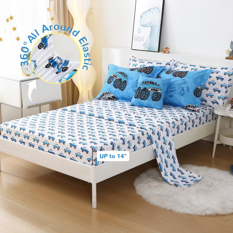Mooreeke Kids Twin Comforter Sets for Boys 6 Pieces Truck Blue Bedding Set for Teens Soft Microfiber Kids Bed in A Bag with Comforter, Sheet Set, Shams and Decorative Toy Pillow All Season - Image 5