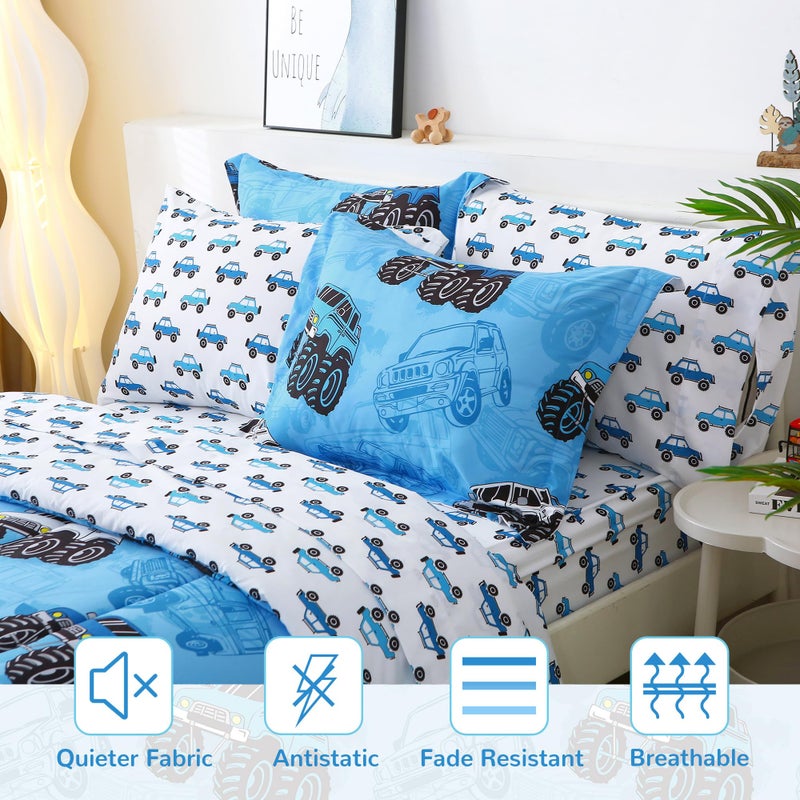 Mooreeke Kids Twin Comforter Sets for Boys 6 Pieces Truck Blue Bedding Set for Teens Soft Microfiber Kids Bed in A Bag with Comforter, Sheet Set, Shams and Decorative Toy Pillow All Season - Image 2