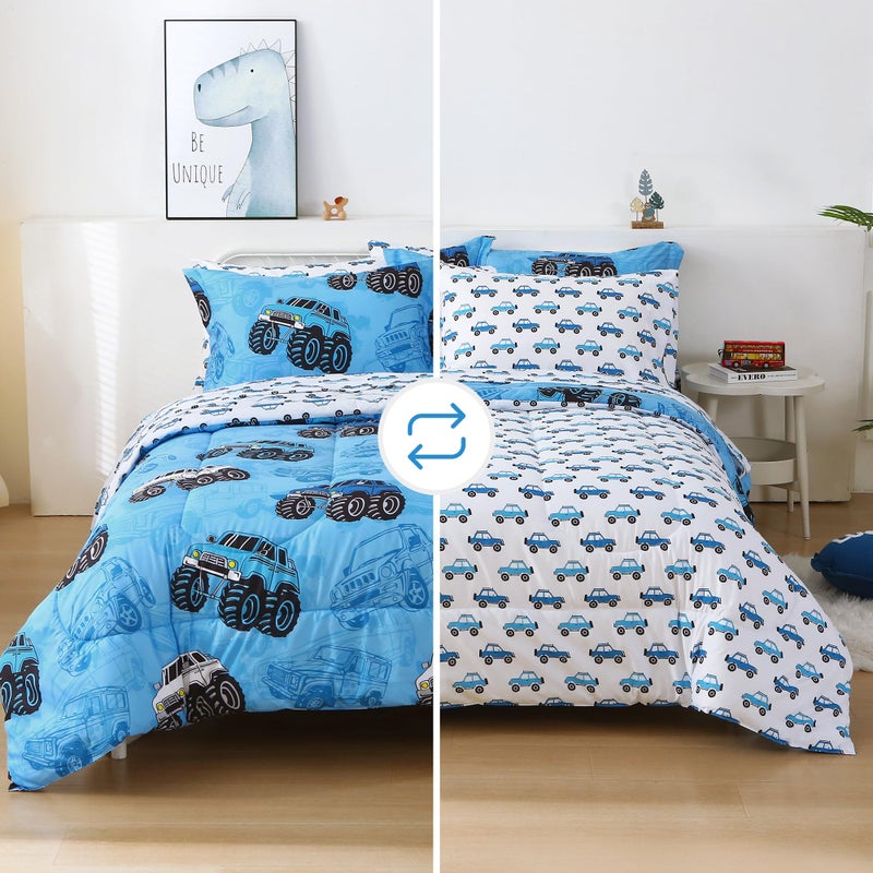 Mooreeke Kids Twin Comforter Sets for Boys 6 Pieces Truck Blue Bedding Set for Teens Soft Microfiber Kids Bed in A Bag with Comforter, Sheet Set, Shams and Decorative Toy Pillow All Season - Image 3