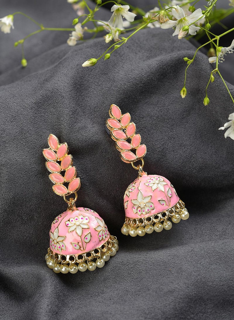 SOHI Pink Designer Leaf Shaped Contemporary Artificial Drop Earring Jewellery - Image 2
