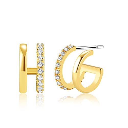 Obidos 14K Gold Plated Double Huggie Hoop Earrings for One Hole | Illusion Stud Earrings for Women - Image 1