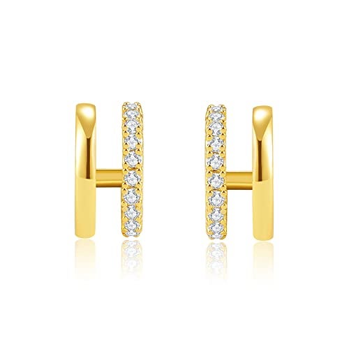 Obidos 14K Gold Plated Double Huggie Hoop Earrings for One Hole | Illusion Stud Earrings for Women - Image 5
