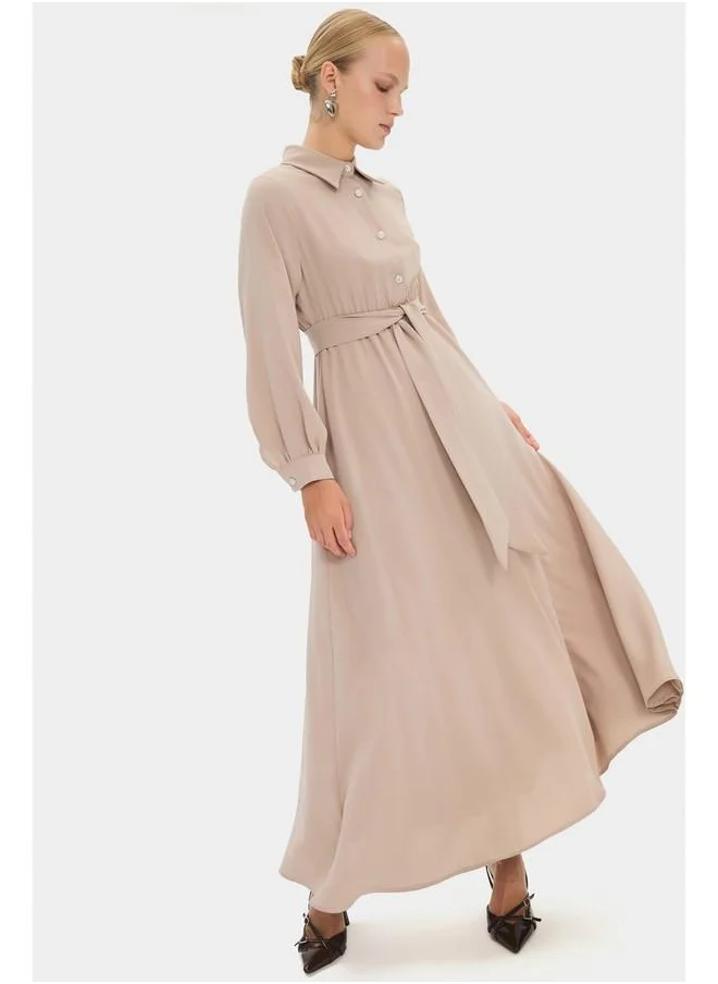 جون June Women Shirt Neck Balloon Sleeve Waist Tie Detail Maxi Dress Stone