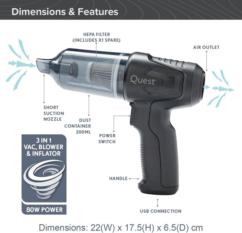 Quest Handheld Car Vacuum & Blower with 6 Attachments - 12000Pa High Power Suction, HEPA Filter, USB Charging - Image 2