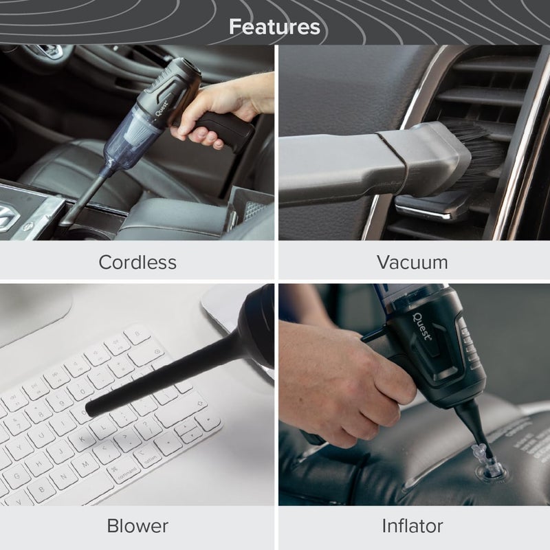 Quest Handheld Car Vacuum & Blower with 6 Attachments - 12000Pa High Power Suction, HEPA Filter, USB Charging - Image 3