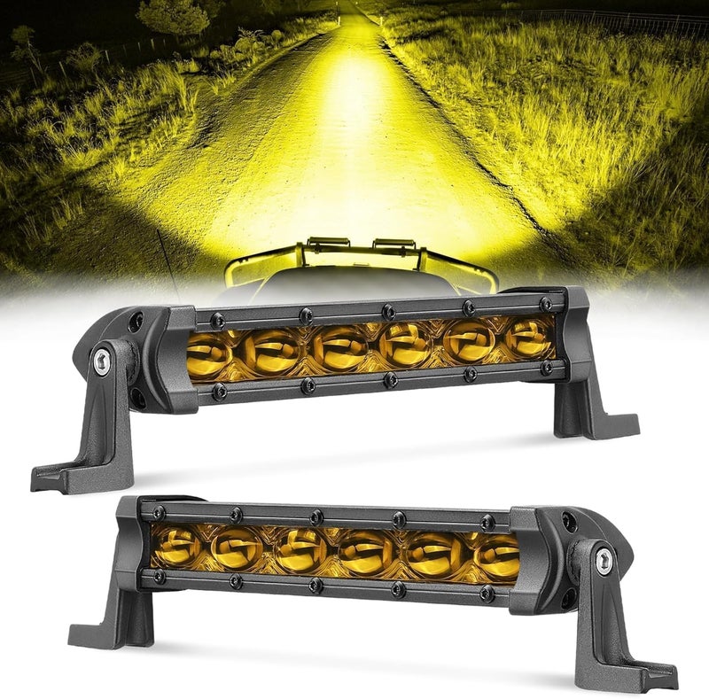 ACEC SHOP 6 Inch LED Light Bar Amber 2PCS 60W Ultra Slim Single Row Light Bars Spot Beam Driving Lights Yellow Fog Lighting LED Pod Lights for Truck Motorcycle SXS Off-Road UTV ATV - Image 1