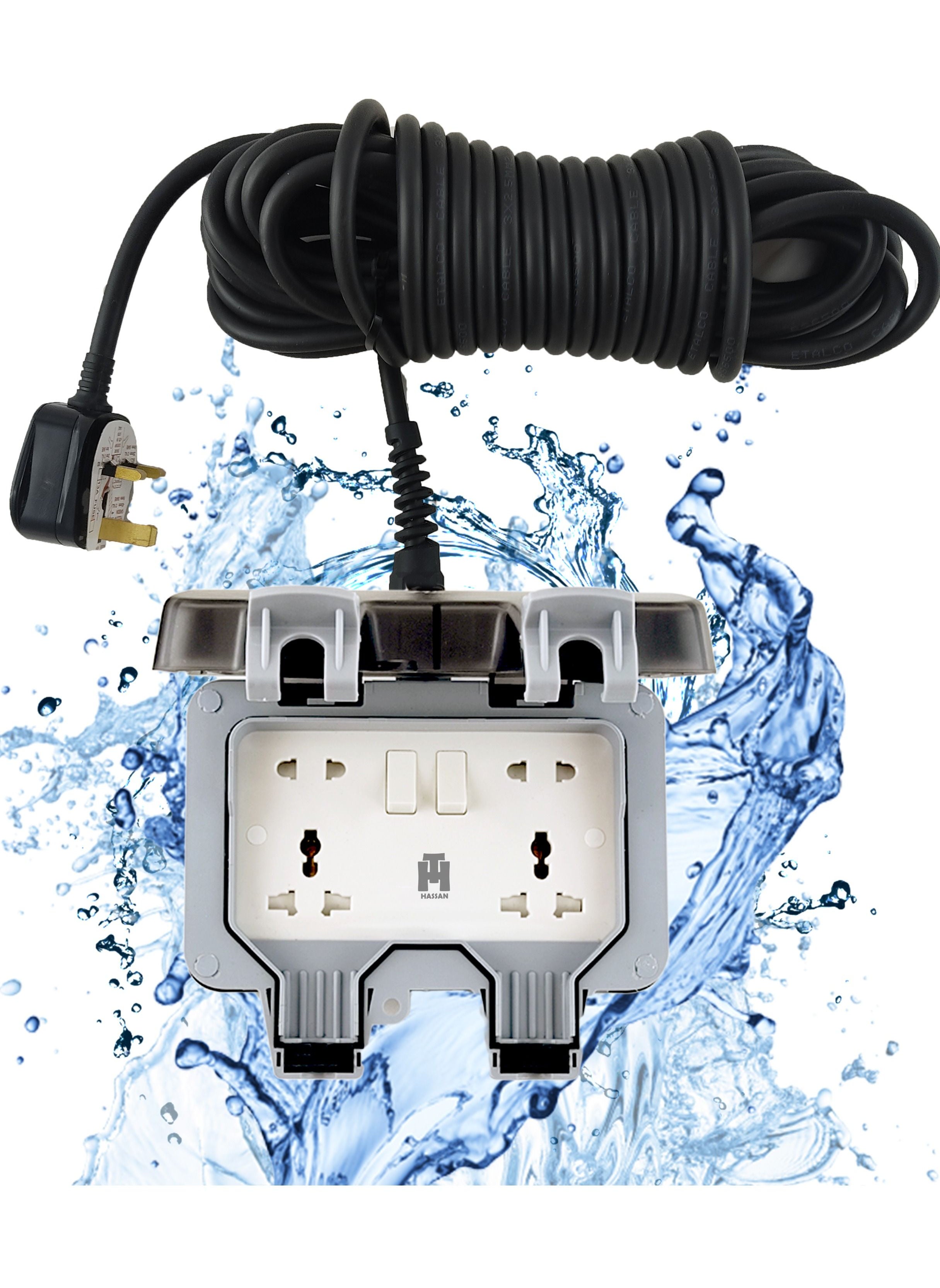 Waterproof Double Socket Extension with Long Cable 