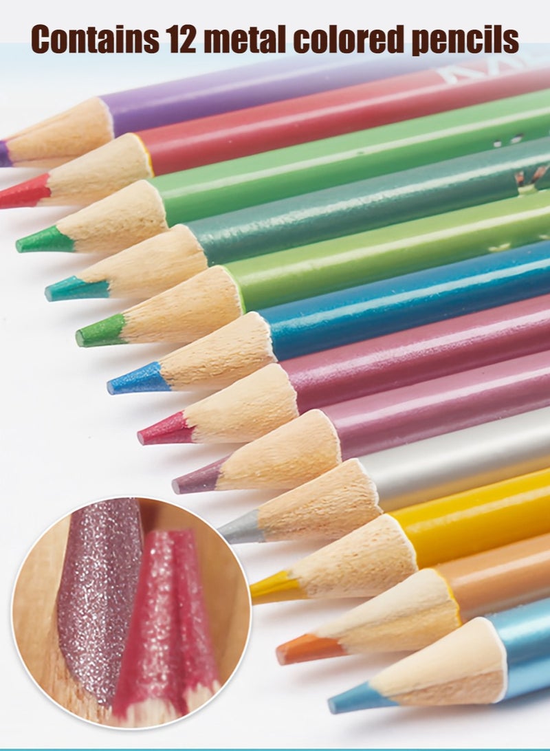 KALOUR 180 Colored Pencil Set for Adults Artists kids- 3.3mm Rich Pigment Soft Core -12 Metallic Pencil - Wax-Based - Ideal for Coloring Drawing Sketching Shading Blending - Vibrant Color（Tin Case） - Image 2
