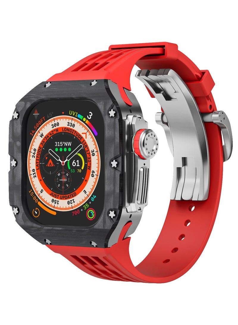 AROAQ Carbon Fiber Case For Apple Watch, 49mm Fluororubber Band Metal Bazel For Iwatch, Ultra Titanium Alloy Integrated Protective Case, (Carbon shell-silver titanium frame-red tape) - Image 1