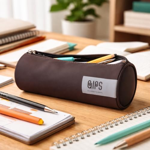 QIPS Pencil Pouch for Kids & Adults | Cylindrical PU Coated Zip Case | Stylish Stationery Bag for School, College & Office | Water-Resistant & Durable (Dark Brown) - Image 2