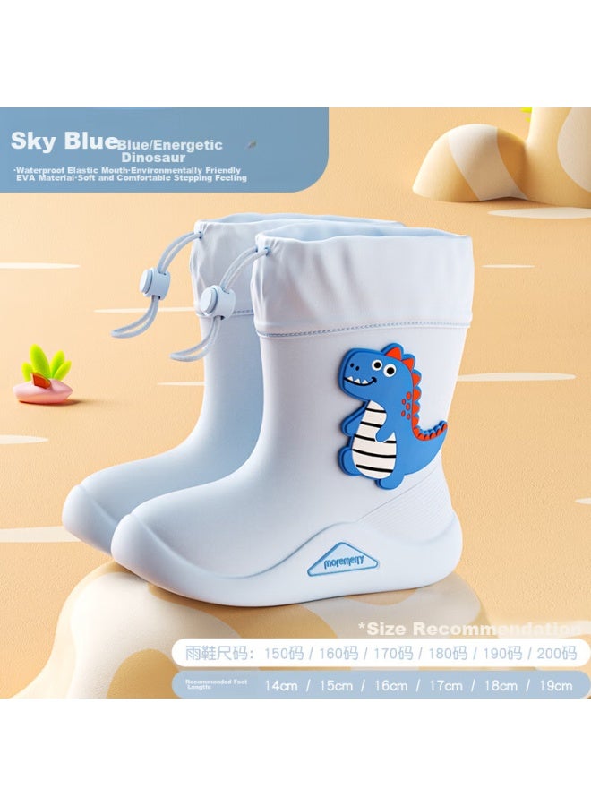 Moremerry Children's Rain Boots For Boys And Girls, Waterproof 3d Baby Non-slip Wear-resistant Cartoon Rain Boots, Light Blue Dinosaur, Size 18 - Image 1