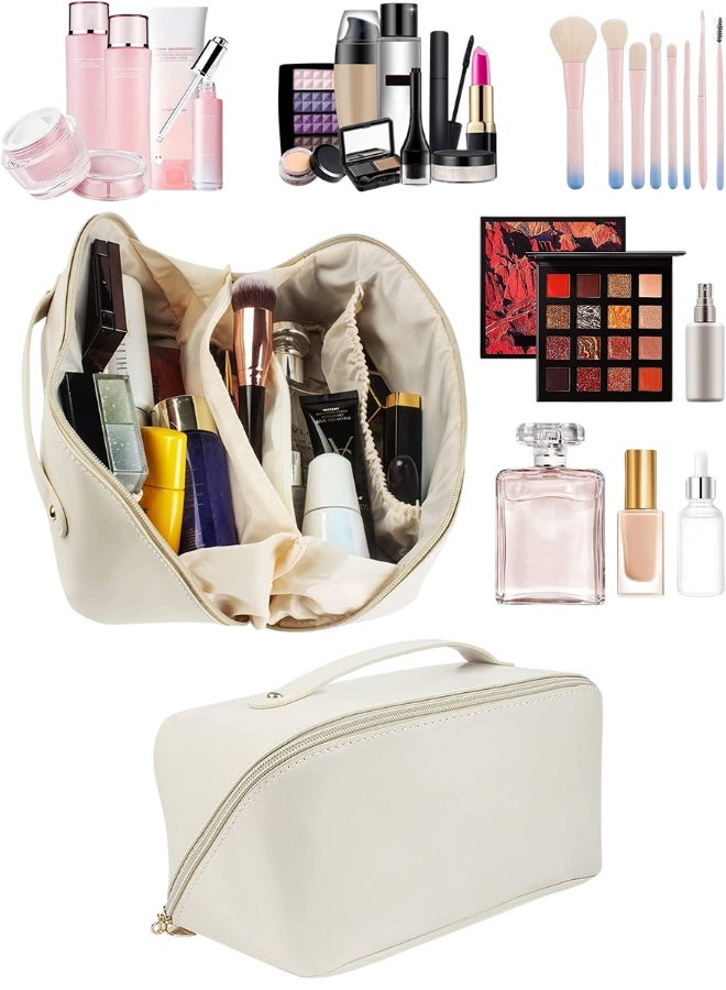 Women’s Leather Travel Makeup Bag – Large Capacity Portable Cosmetic Organizer with Sturdy Handle, Wide Top Opening & Interior Divider – Elegant Storage Case for Makeup, Skincare, Toiletries & Travel Accessories – White - Image 1
