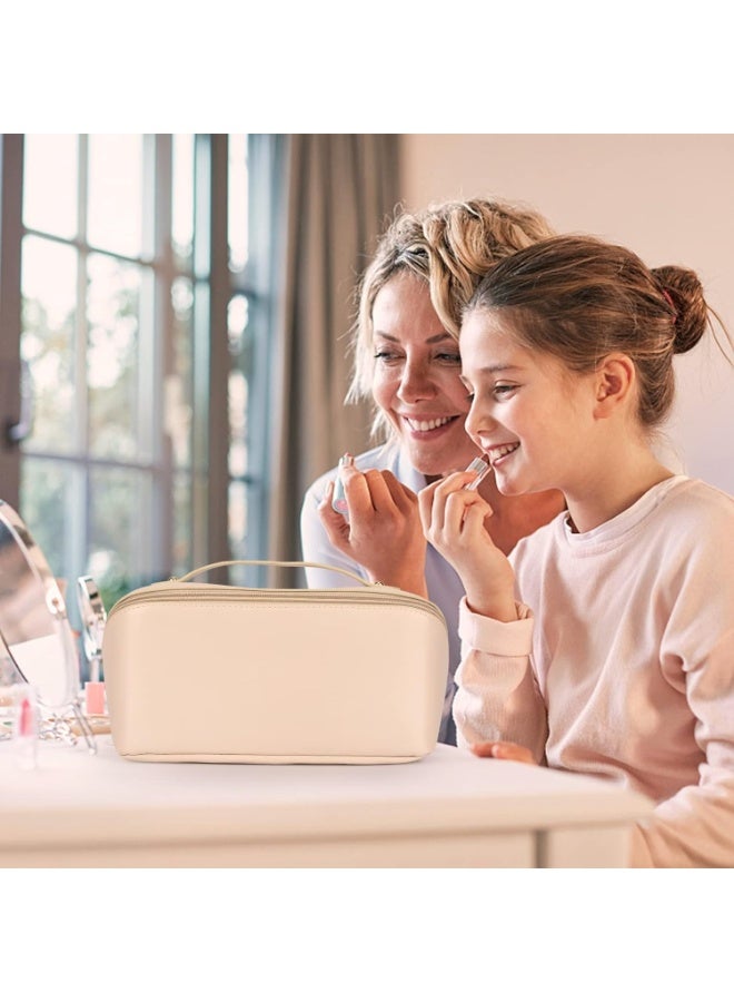 Women’s Leather Travel Makeup Bag – Large Capacity Portable Cosmetic Organizer with Sturdy Handle, Wide Top Opening & Interior Divider – Elegant Storage Case for Makeup, Skincare, Toiletries & Travel Accessories – White - Image 2