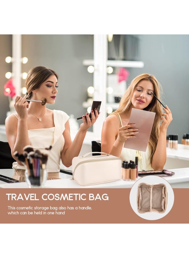Women’s Leather Travel Makeup Bag – Large Capacity Portable Cosmetic Organizer with Sturdy Handle, Wide Top Opening & Interior Divider – Elegant Storage Case for Makeup, Skincare, Toiletries & Travel Accessories – White - Image 3