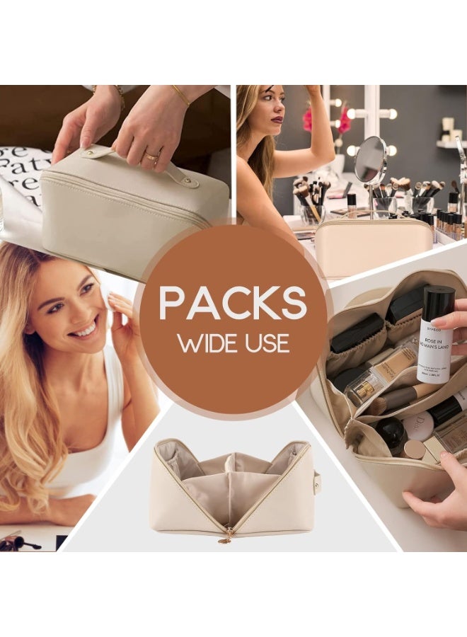 Women’s Leather Travel Makeup Bag – Large Capacity Portable Cosmetic Organizer with Sturdy Handle, Wide Top Opening & Interior Divider – Elegant Storage Case for Makeup, Skincare, Toiletries & Travel Accessories – White - Image 4