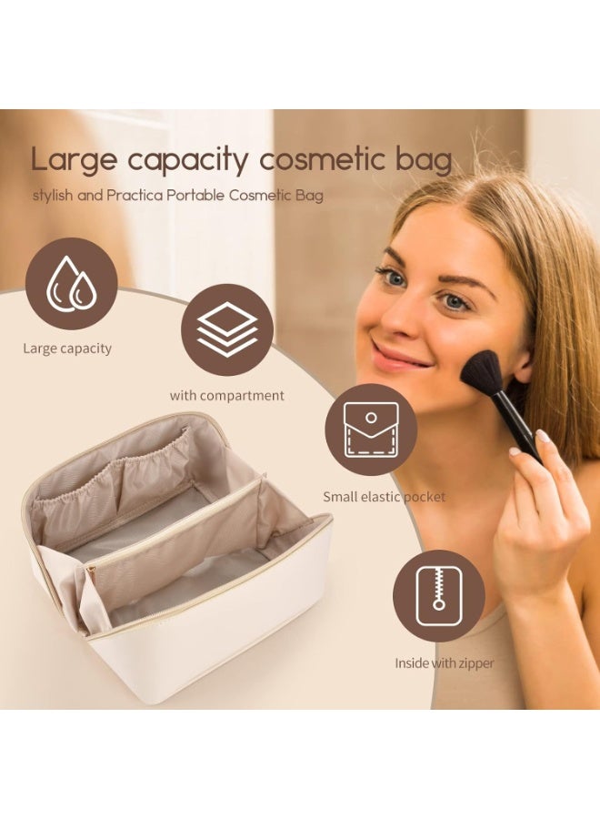Women’s Leather Travel Makeup Bag – Large Capacity Portable Cosmetic Organizer with Sturdy Handle, Wide Top Opening & Interior Divider – Elegant Storage Case for Makeup, Skincare, Toiletries & Travel Accessories – White - Image 5