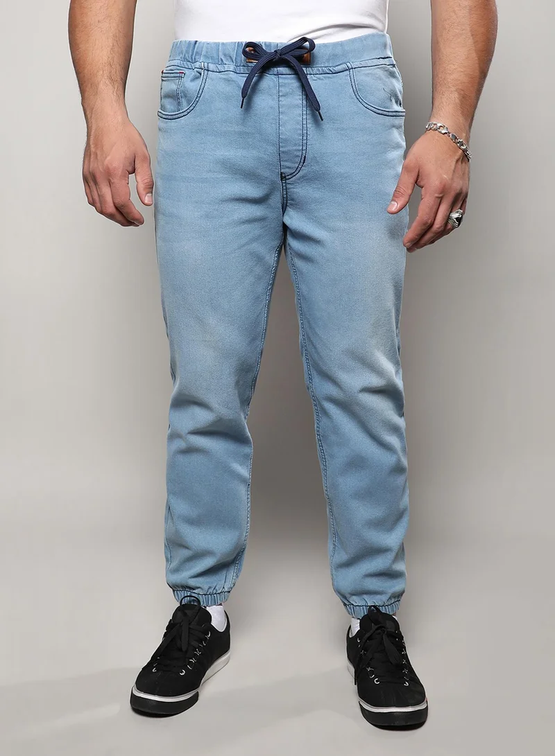Instafab Plus Instafab Plus Men's Light Blue Cinched Hem Denim Jeans For Casual Wear | Light-Wash | Plus-Size Fit | Drawstring Closure | Denim Jeans Crafted With Comfort Fit For Everyday Wear
